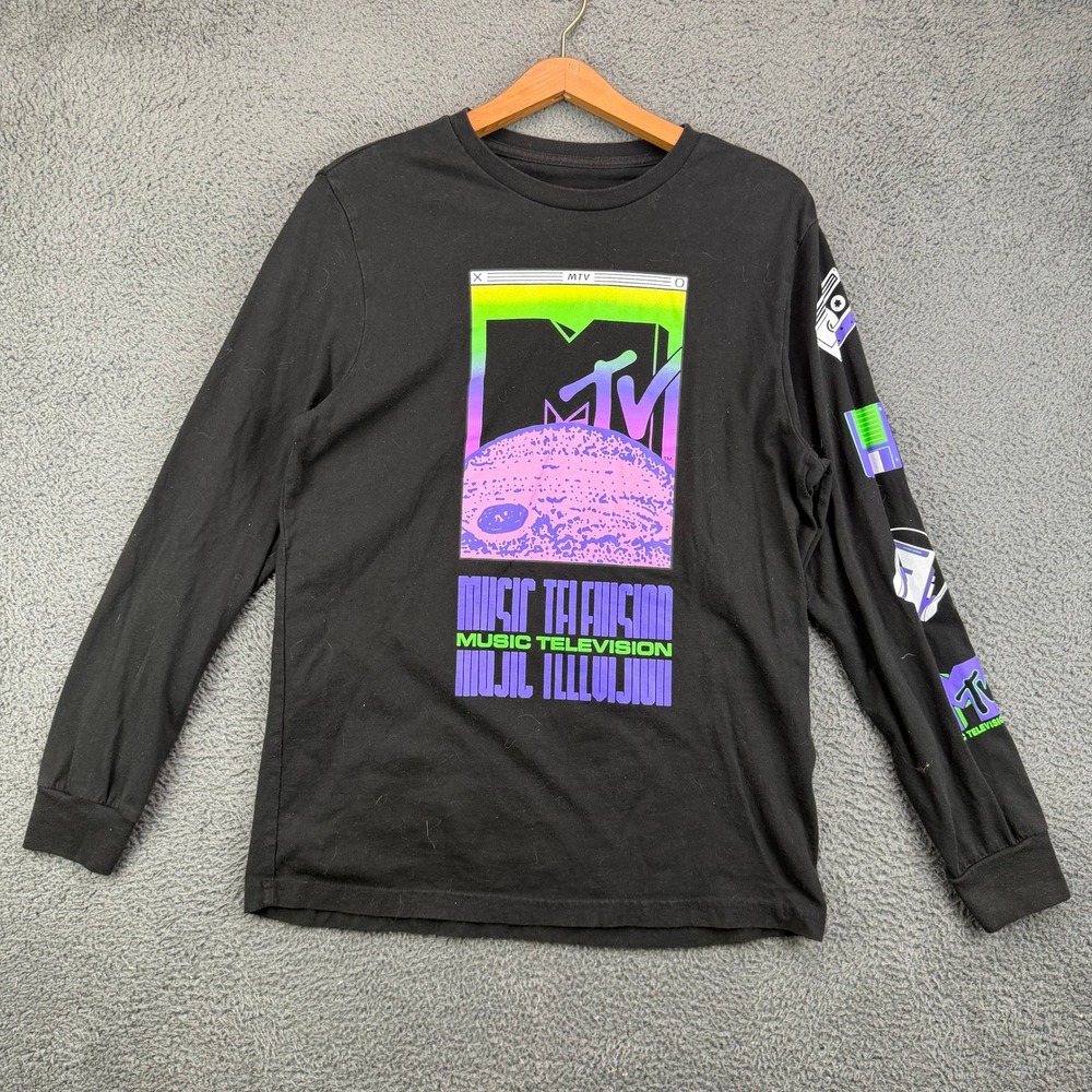 MTV Music Television Mens Large Black Long Sleeve Graphic T-Shirt Neon Retro L
